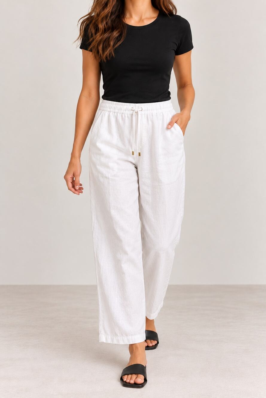 Michael Kors Womens L Linen Blend Pull On Wide Leg Pants White Coastal Chic